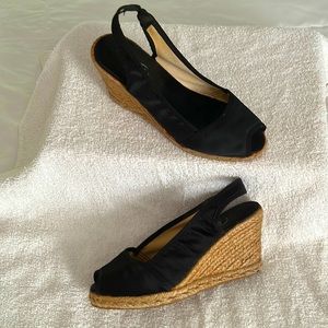 BATA, Made In Spain. Peep toe black canvas wedge sandal. Size 7